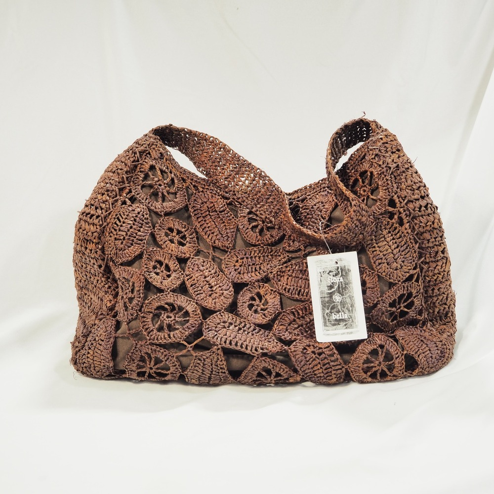 Flora Bella Shoulder Bag Brown Raffia Straw Woven Floral Crochet Hobo Purse